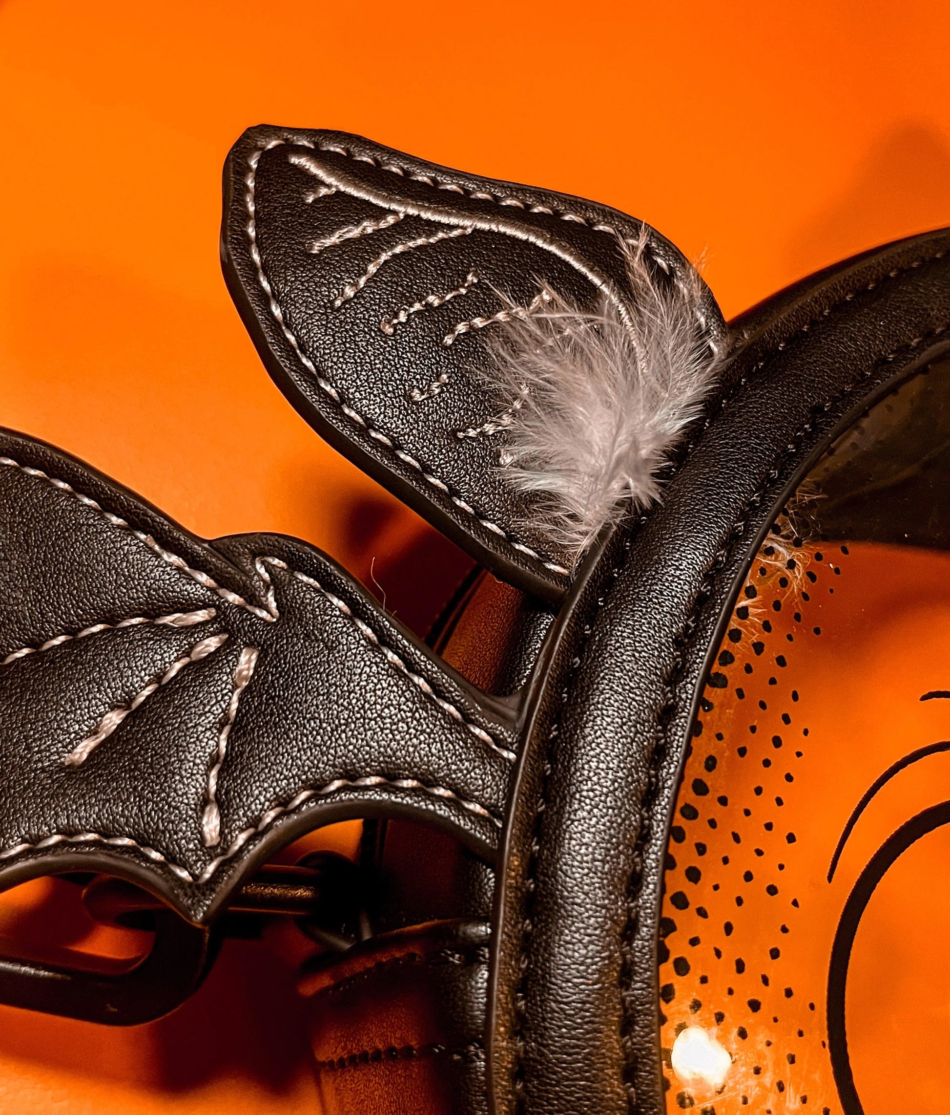 A Halloween purse featuring a whimsical bat face design with a clear center and the bat ears have white feathers. The bag is sitting on an orange background.