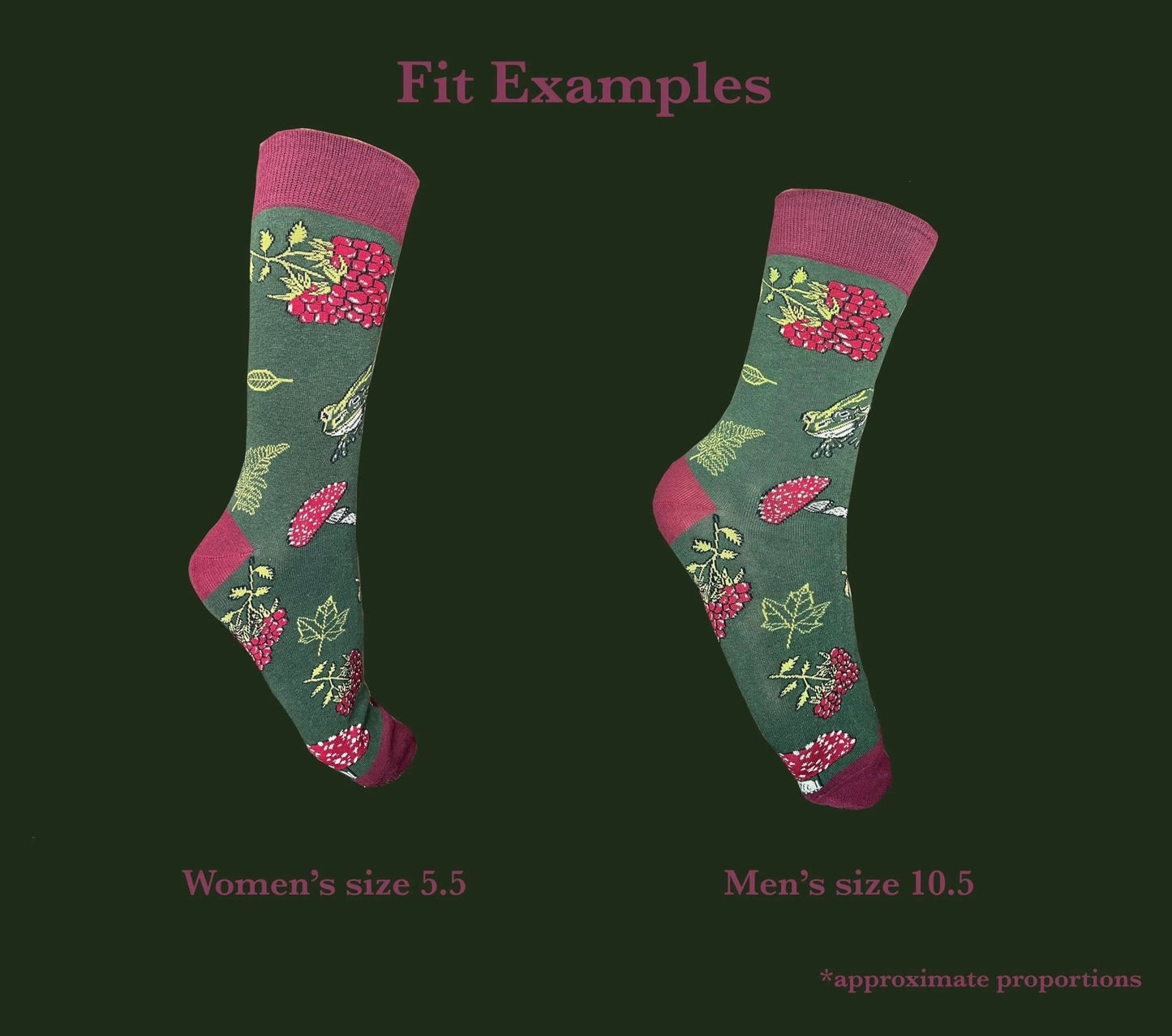 Socks with red on the toes, heel, and ankle section featuring a pattern of mushrooms, plants, and frogs on a green background.