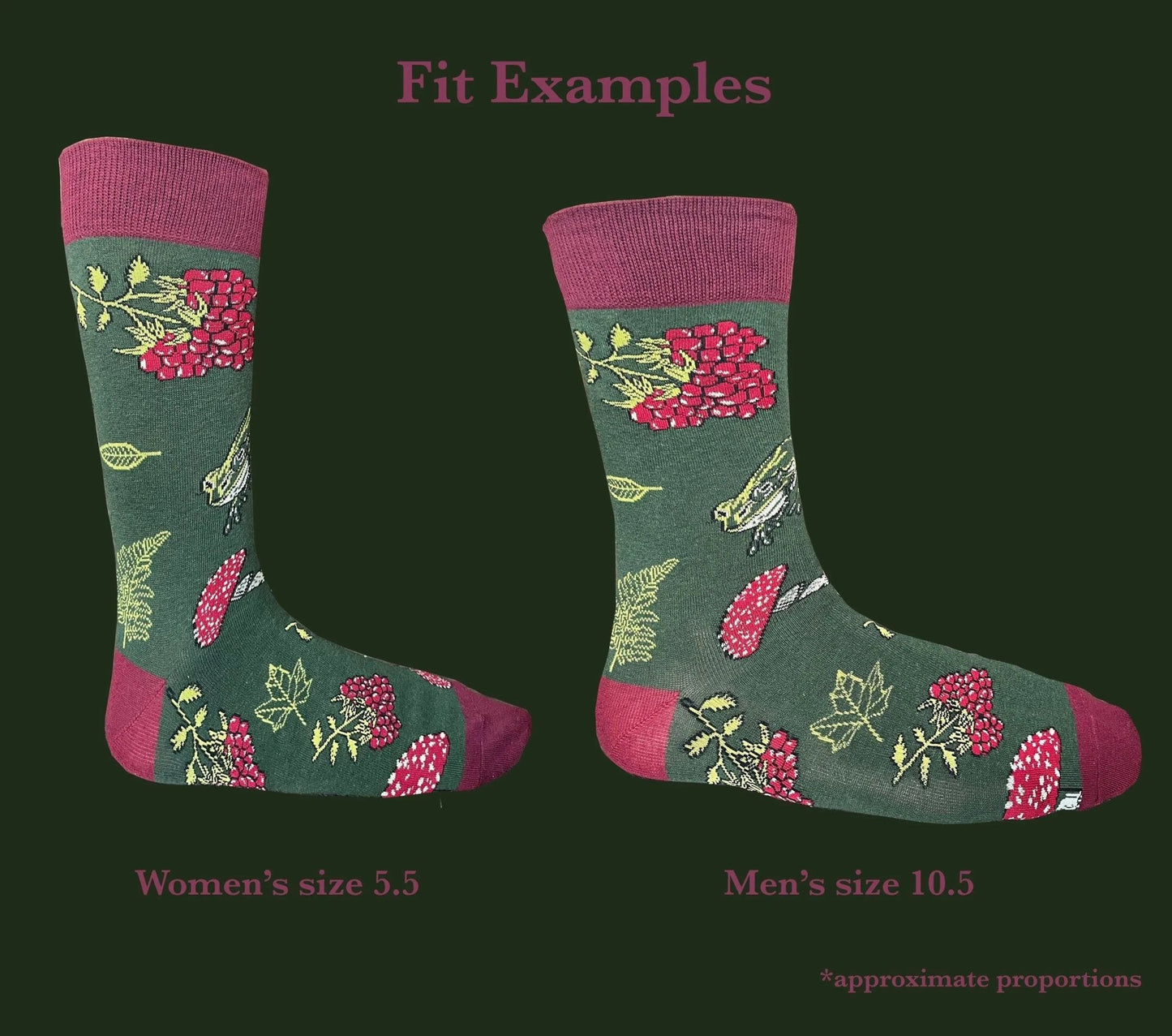 Socks with red on the toes, heel, and ankle section featuring a pattern of mushrooms, plants, and frogs on a green background.