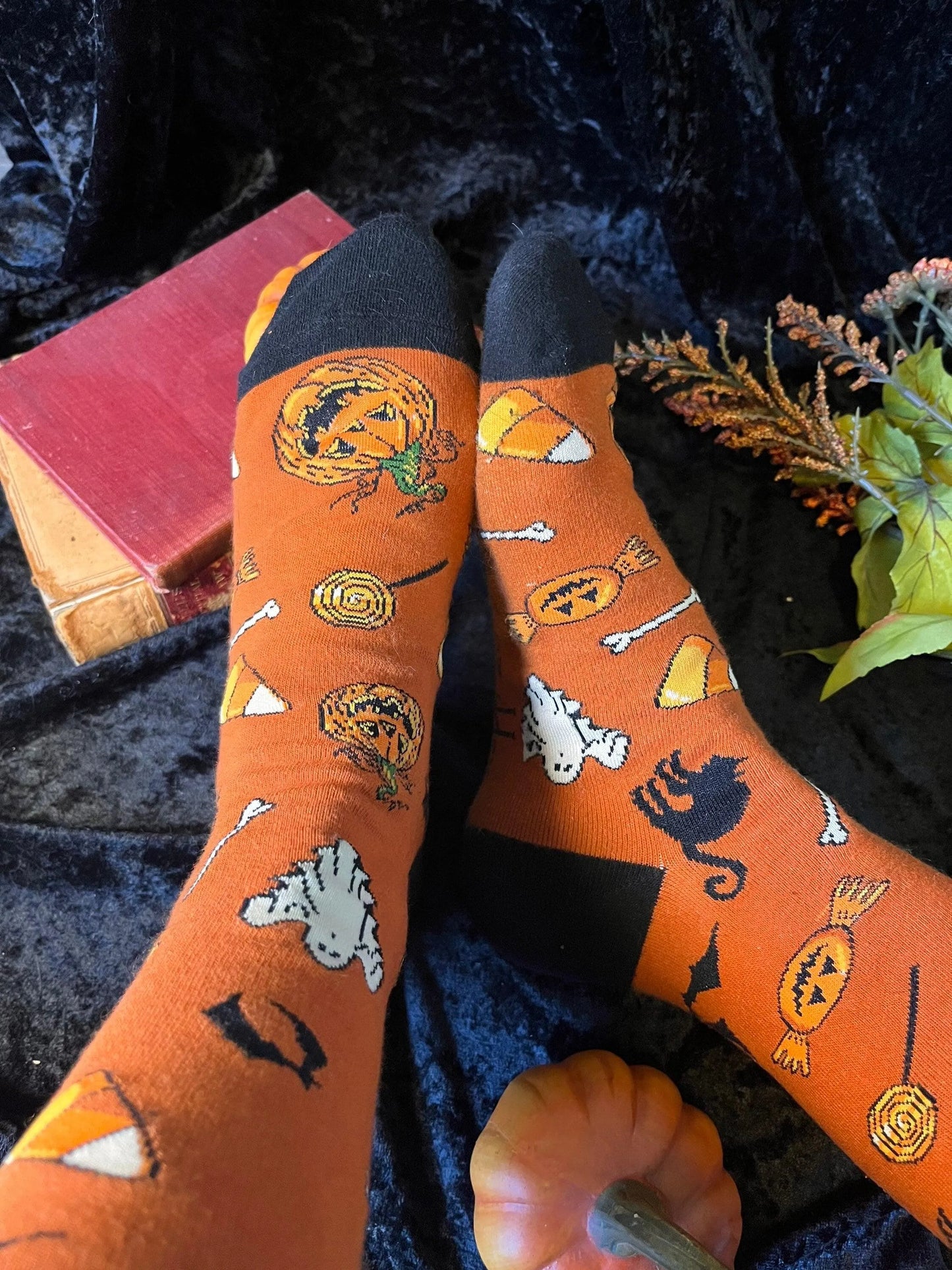 Halloween socks with blacks on the toes, heel, and ankle section featuring a pattern of pumpkins, candy corn, ghosts, bones, and bats.