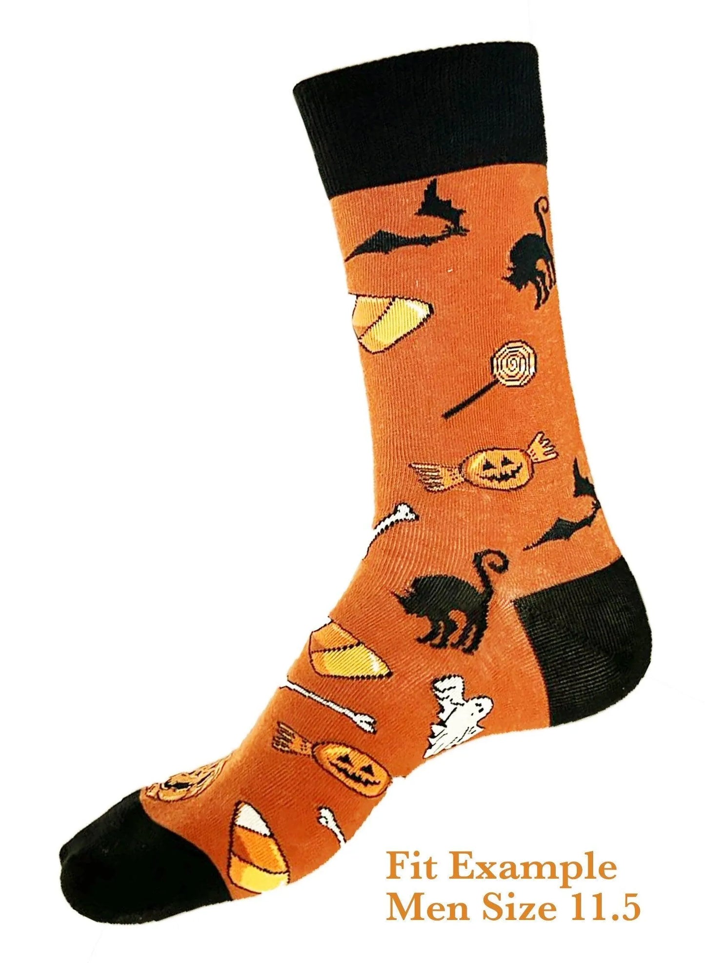 Halloween socks with blacks on the toes, heel, and ankle section featuring a pattern of pumpkins, candy corn, ghosts, bones, and bats.