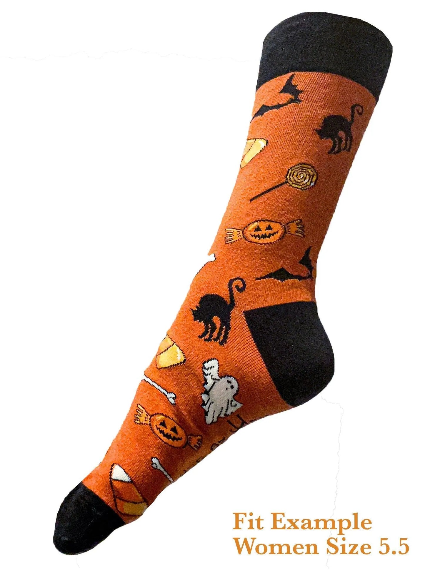 Halloween socks with blacks on the toes, heel, and ankle section featuring a pattern of pumpkins, candy corn, ghosts, bones, and bats.