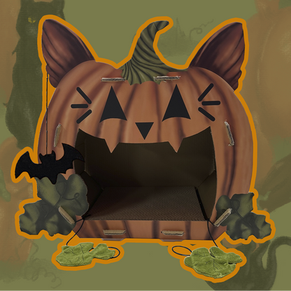 Cat-shaped pumpkin with 'Cat O' Lantern' text on a green background