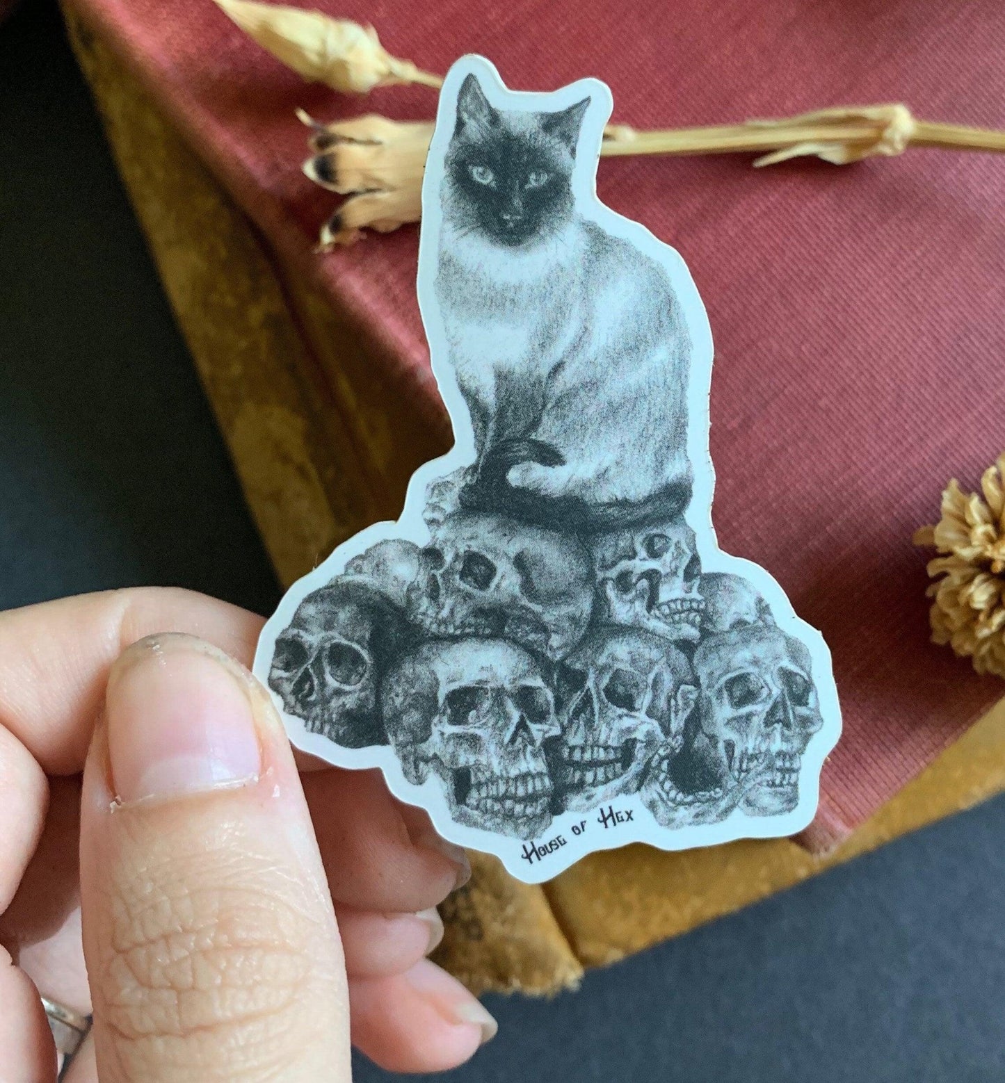 A black and white sticker with a drawing of a cat perched atop a collection of skulls. 